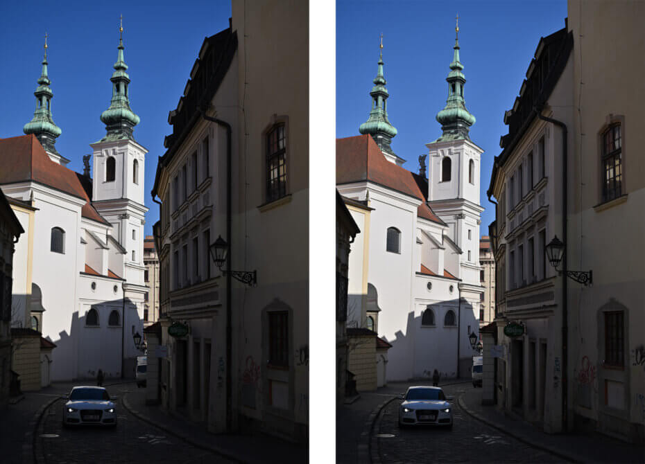 Ukázka zdrojového snímku (vlevo), pořízeného v automatickém nastavení Picture Control a (vpravo) lehce upraveného v Capture NX-D