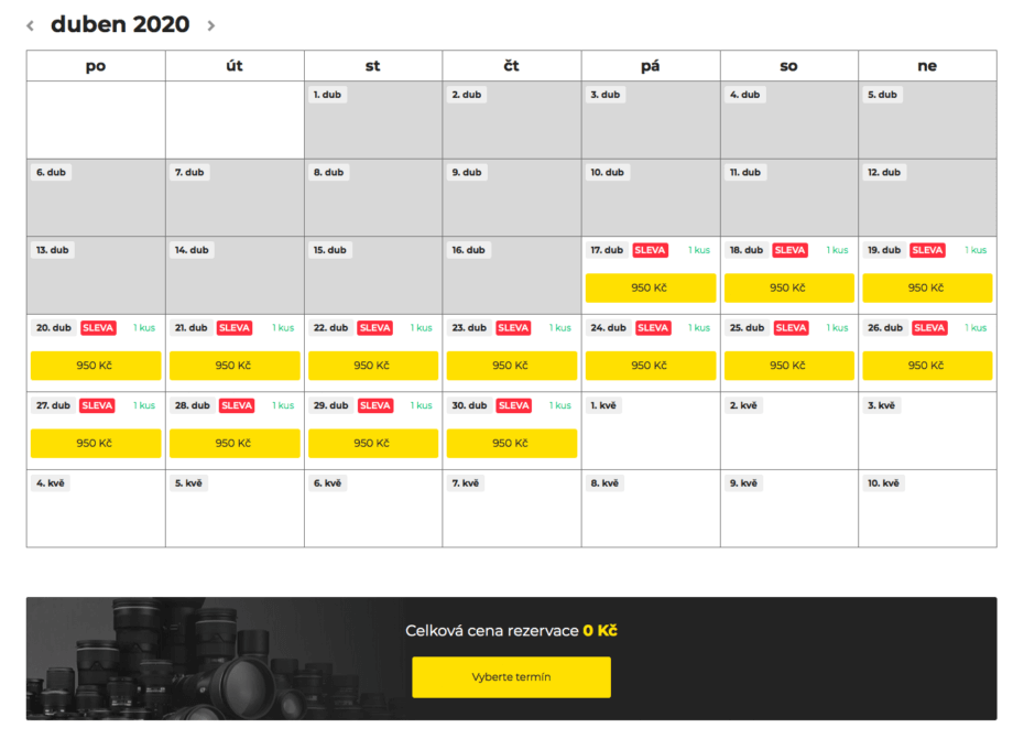 U každého produktu na webu Fotori.cz přehledně vidíte kalendář s možností rezervace na volné dny