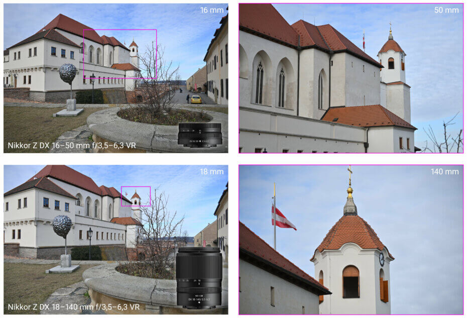Porovnání úhlů záběru objektivů Nikkor Z DX 16–50 mm f/3,5–6,3 VR vs. Nikkor Z DX 18–140 mm f/3,5–6,3 VR