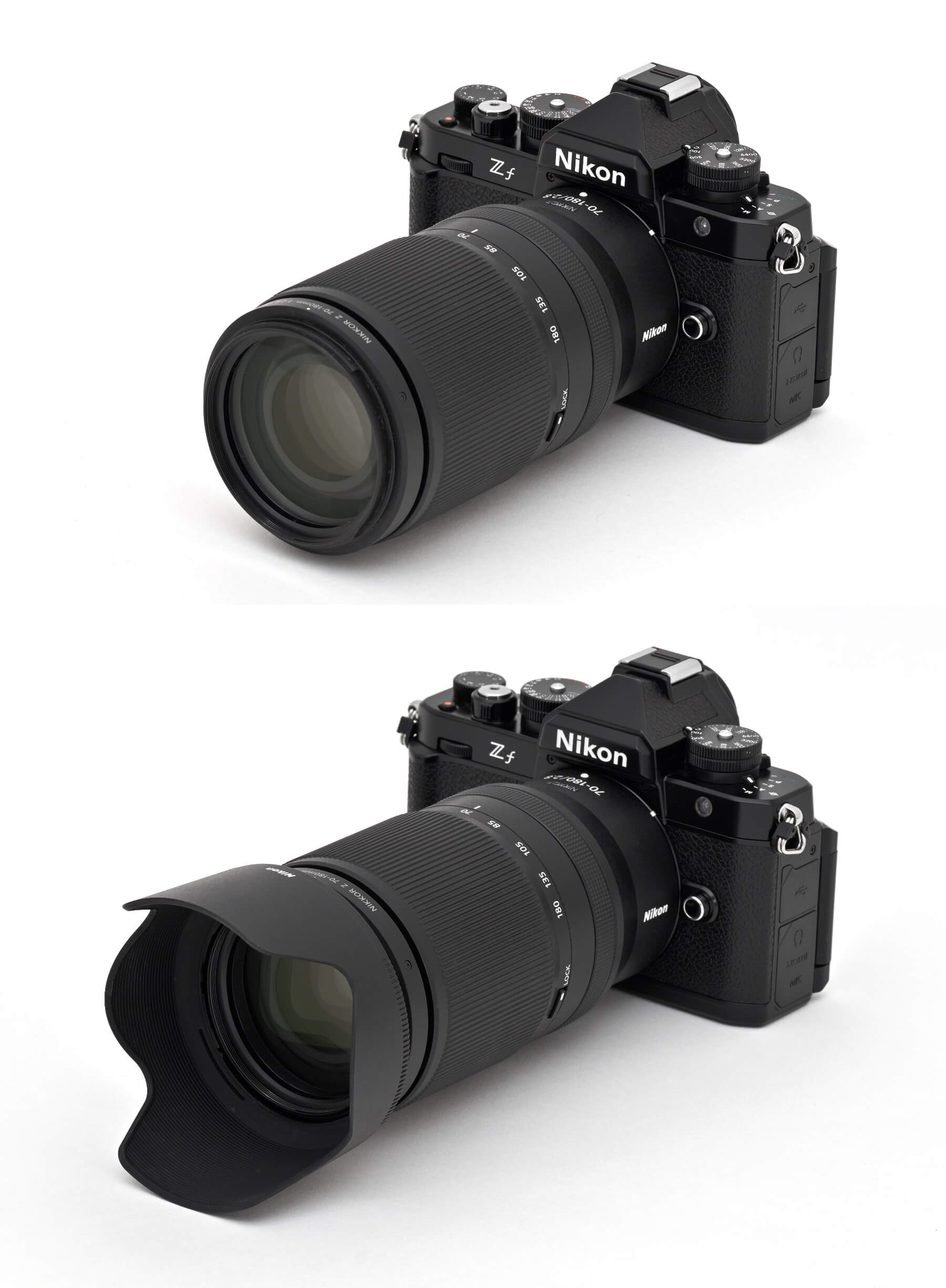NIKKOR Z 70–180 mm f/2,8 na těle Nikon Z f. Sluneční clonu najdete ve standardním balení.