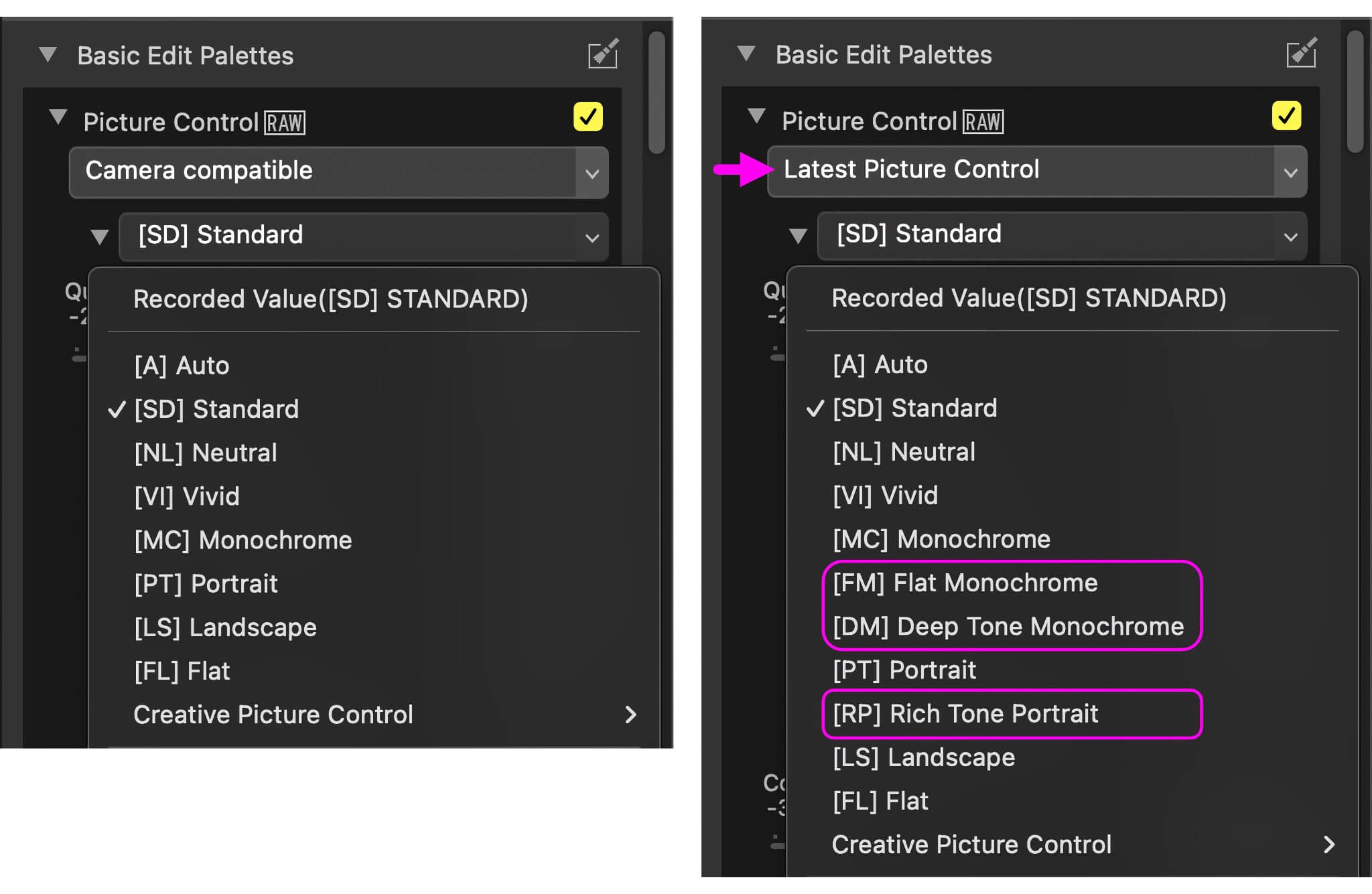 Picture Control ve standardním (Camera compatible) a rozšířeném režimu (Latest Picture Control)