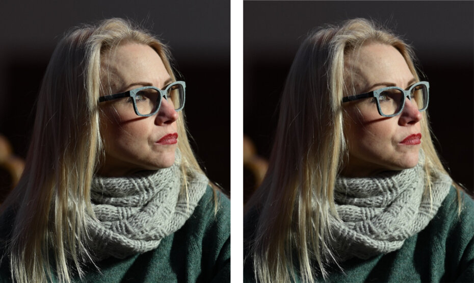 Vlevo fotografie uživatelsky zmenšená na 2048 px, vpravo snímek uploadovaný v plném rozlišení a resamplovaný Facebookem. Rozdíl je vidět na jemných detailech vlasů, které jsou méně ostré a kresba v pramenech vlasů se slévá.